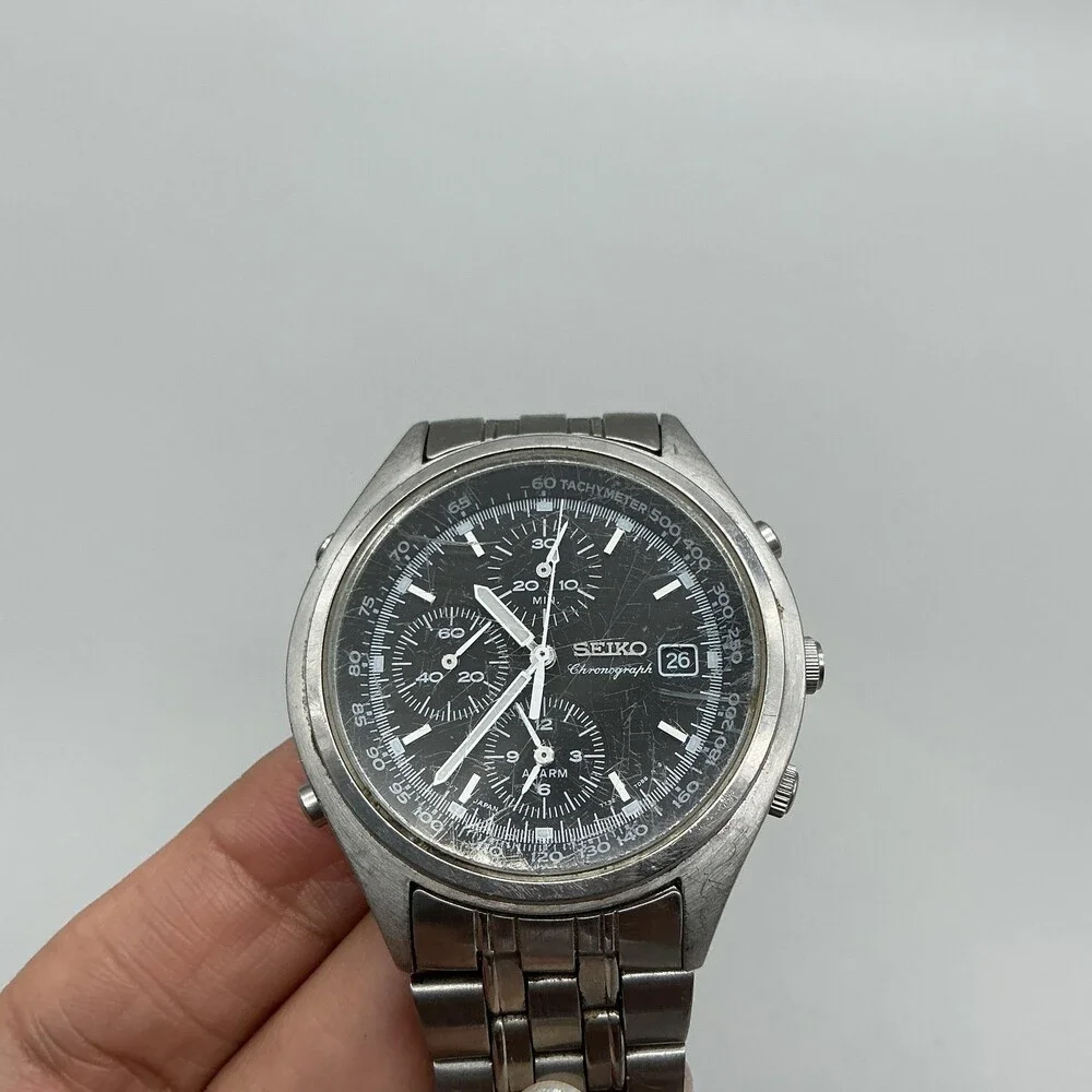Vintage Seiko Chronograph 7T32-7C60 Mens Watch 39mm Black Dial New Battery 7.25